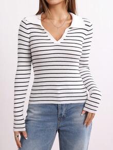 QIANZHIDU Suéter de mujer de ajuste delgado y elástico, de rayas horizontales blancas y negras, con cuello grande, manga larga, estilo casual y elegante, ideal para otoño e invierno - Blanco y Negro - Ver 4