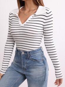 QIANZHIDU Suéter de mujer de ajuste delgado y elástico, de rayas horizontales blancas y negras, con cuello grande, manga larga, estilo casual y elegante, ideal para otoño e invierno - Blanco y Negro - Ver 7
