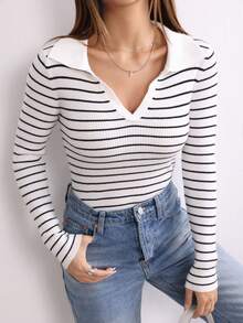 QIANZHIDU Suéter de mujer de ajuste delgado y elástico, de rayas horizontales blancas y negras, con cuello grande, manga larga, estilo casual y elegante, ideal para otoño e invierno - Blanco y Negro - Ver 1