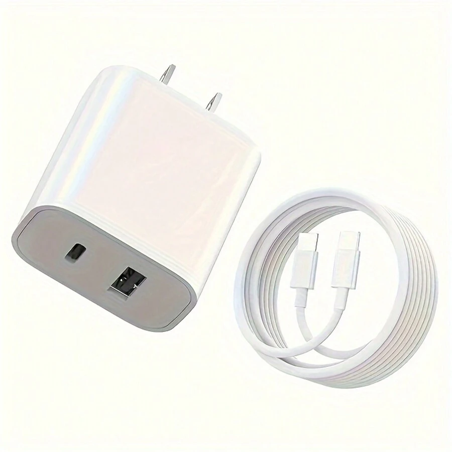 带电缆的 USBC 壁式充电器,双端口 iPhone 充电器 20WPD+OC3.0 电源适配器快速充电块插头和电缆适用于 iPhone14/14 Pro/14 Pro Max/13/12/11/Pro Max/XS/XR/X/Air Pods 等 - 白色 - 查看 1