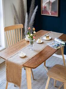 1 pièce Chemin de table en jute rétro, pour restaurant, fête, rassemblement, couverture de table à manger de vacances, décoration d'hôtel, auberge - Kaki - Voir 5