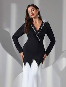 Women's Minimalist Black And White Long Feather & Rhinestone Decor Long Dress - Black and White - View 2
