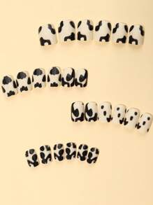 Bộ 24 móng tay giả vuông ngắn, họa tiết bò chấm bi màu trắng sữa, kiểu dáng dễ thương kèm 1 giũa móng và 1 gel thạch - Đen và trắng - Xem 3