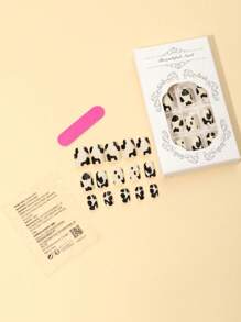 Bộ 24 móng tay giả vuông ngắn, họa tiết bò chấm bi màu trắng sữa, kiểu dáng dễ thương kèm 1 giũa móng và 1 gel thạch - Đen và trắng - Xem 2