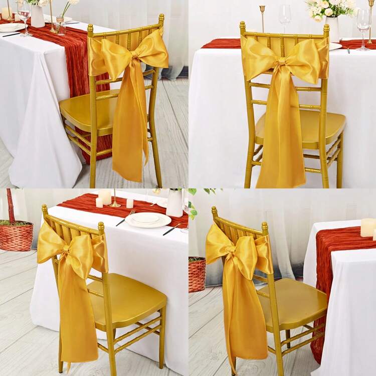 Showgeous 60 PCS Satin Chair Sashes Bows Decoration Chair Cover Chair Sash Ties For Banquet Party Baby Shower Event Decorations (7 X 108 Inch) - 金色 - 查看 4