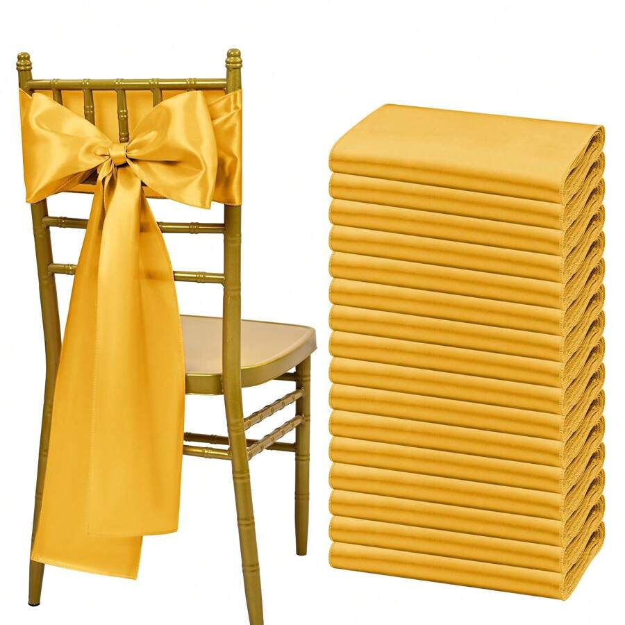 Showgeous 60 PCS Satin Chair Sashes Bows Decoration Chair Cover Chair Sash Ties For Banquet Party Baby Shower Event Decorations (7 X 108 Inch) - 金色 - 查看 1