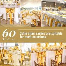 Showgeous 60 PCS Satin Chair Sashes Bows Decoration Chair Cover Chair Sash Ties For Banquet Party Baby Shower Event Decorations (7 X 108 Inch) - 金色 - 查看 5