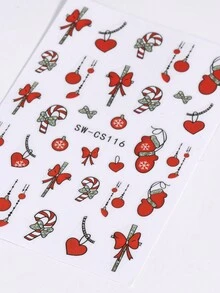 红色银色3D圣诞美甲贴纸3件套，全息闪光蝴蝶结吸管心形项链手套灯球雪花拐杖糖设计DIY冬季圣诞自粘凝胶指甲油沙龙美甲贴纸滑块美甲艺术装饰美甲用品美甲 - 彩色 - 查看 5