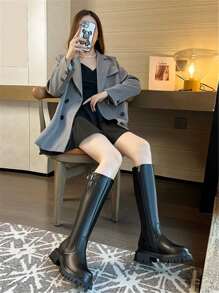 Ghete de călărie înalte, negre, mărimea 43, pentru femei, talpă groasă, curea cu cataramă, cizme peste genunchi, croială slim, toamnă/iarnă - Negru - Vizualizare 5