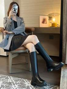 Ghete de călărie înalte, negre, mărimea 43, pentru femei, talpă groasă, curea cu cataramă, cizme peste genunchi, croială slim, toamnă/iarnă - Negru - Vizualizare 6