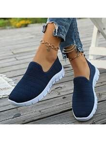 1 Đôi giày bệt lưới dệt kim thông thường dành cho nữ, giày thể thao đi bộ thoáng khí - Màu xanh lam - Xem 5