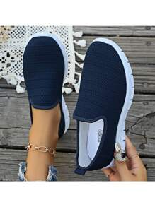 1 Đôi giày bệt lưới dệt kim thông thường dành cho nữ, giày thể thao đi bộ thoáng khí - Màu xanh lam - Xem 6