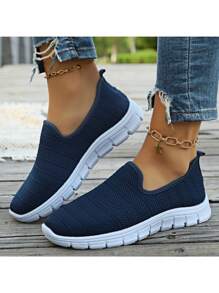 1 Đôi giày bệt lưới dệt kim thông thường dành cho nữ, giày thể thao đi bộ thoáng khí - Màu xanh lam - Xem 4