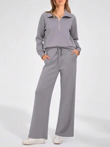 Women's 2 Piece Outfits Casual Lapel Half Zip Sweatshirts And Wide Leg Pants Tracksuit Sets - 灰色 - 查看 5