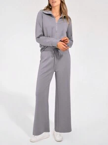Women's 2 Piece Outfits Casual Lapel Half Zip Sweatshirts And Wide Leg Pants Tracksuit Sets - 灰色 - 查看 3