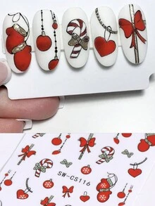 红色银色3D圣诞美甲贴纸3件套，全息闪光蝴蝶结吸管心形项链手套灯球雪花拐杖糖设计DIY冬季圣诞自粘凝胶指甲油沙龙美甲贴纸滑块美甲艺术装饰美甲用品美甲 - 彩色 - 查看 4