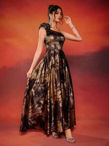 高端优雅不对称领口花卉设计露肩正式晚礼服（装饰款式）女士舞会礼服，适合婚礼嘉宾、毕业典礼、晚宴 - 彩色 - 查看 2