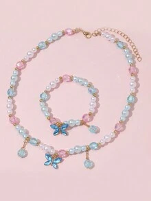 1 juego Nuevo conjunto de joyería de collar y pulsera para niños, accesorios de cuentas, colgante de mariposa linda de princesa para niñas - Multicolor - Ver 11