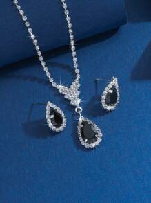3pcs/set Cubic Zirconia Water-drop Decor Jewelry Set For Women For Party Banquet Wedding - Dusty Blue - View 7