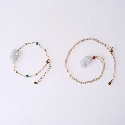 1set Natural Grade A  Jade Pixiu Bracelet And Pendant