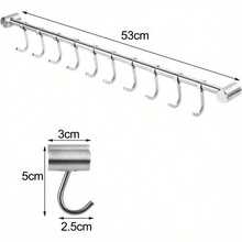 Utensil Rack Stainless Steel Wall Mounted Utensil Hooks With 12 Removable Hooks Kitchen Utensils Holder Utensil Hanging Rack Rail 52Cm (15.6") - Silver - View 3