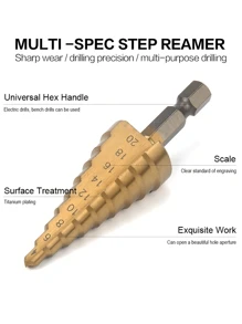 STONEGO Titanium Coated Step Drill Bit - 1/4" Hex Shank, HSS Cone Hole Cutter In Sizes 4-12mm, 4-20mm, 4-32mm For Aluminum, Insulating Board, PVC Board, And Wood,Tool Accessories