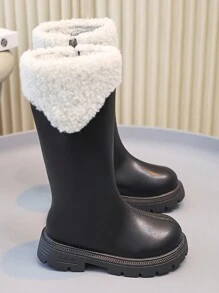 女童冬靴，拉链开合，黑色高筒，时尚公主风格，保暖内衬，日常穿着