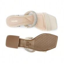 Klode Women's Flat Sandal Low Thick Heel Beige Strap Shiny Rhinestone Casual Comfortable - Beis - Ver 5