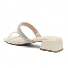 Klode Women's Flat Sandal Low Thick Heel Beige Strap Shiny Rhinestone Casual Comfortable - Beis - Ver 3