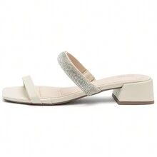 Klode Women's Flat Sandal Low Thick Heel Beige Strap Shiny Rhinestone Casual Comfortable - Beis - Ver 2