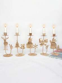 1 pieza Soporte de vela con decoraciones navideñas de árbol de Navidad, cascabel, reno, estrella, adorno navideño para hogar, regalos de Feliz Año Nuevo - Dorado - Ver 1
