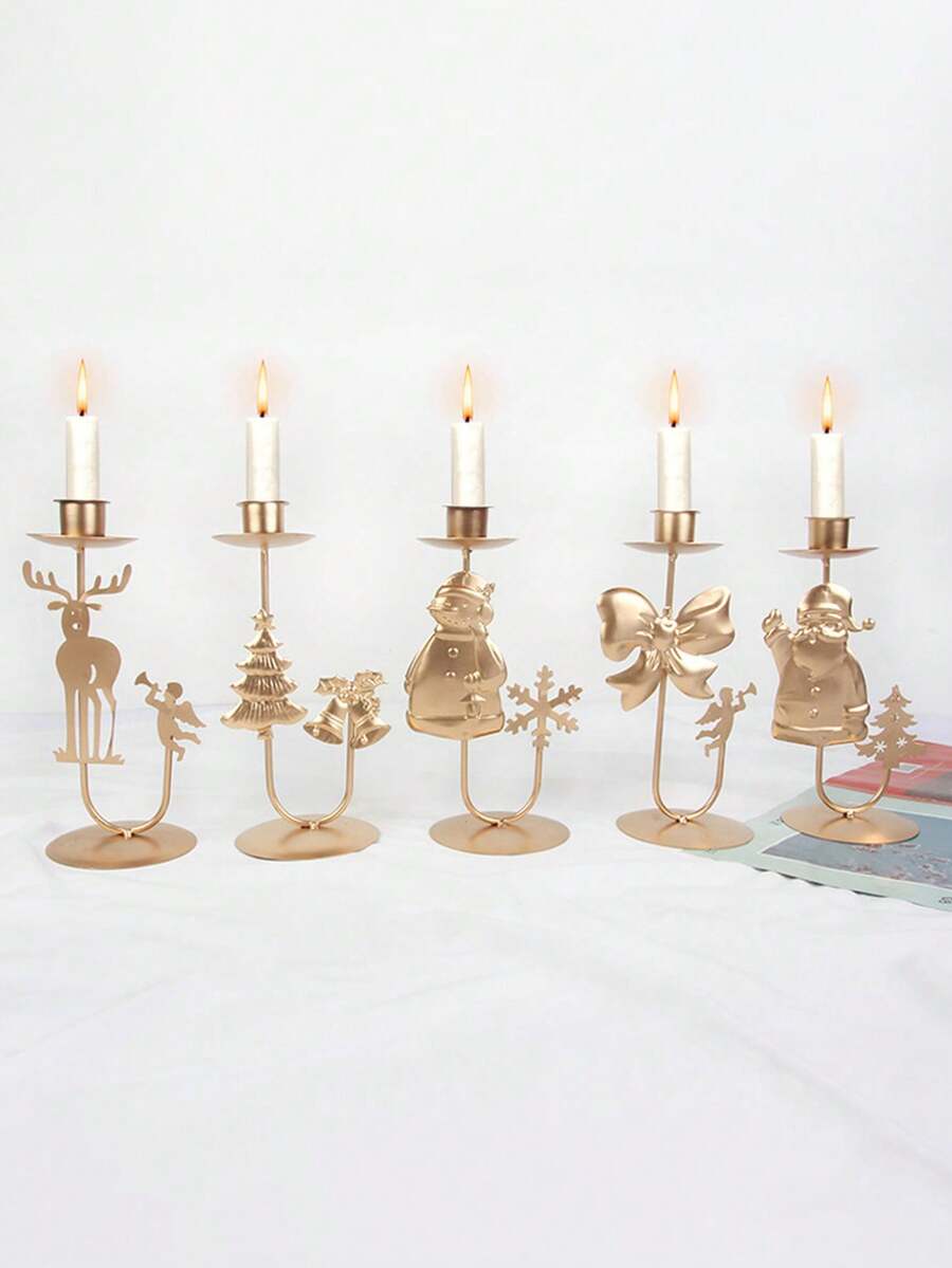 1 pieza Soporte de vela con decoraciones navideñas de árbol de Navidad, cascabel, reno, estrella, adorno navideño para hogar, regalos de Feliz Año Nuevo - Dorado - Ver 1