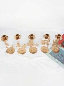 1 pieza Soporte de vela con decoraciones navideñas de árbol de Navidad, cascabel, reno, estrella, adorno navideño para hogar, regalos de Feliz Año Nuevo - Dorado - Ver 4
