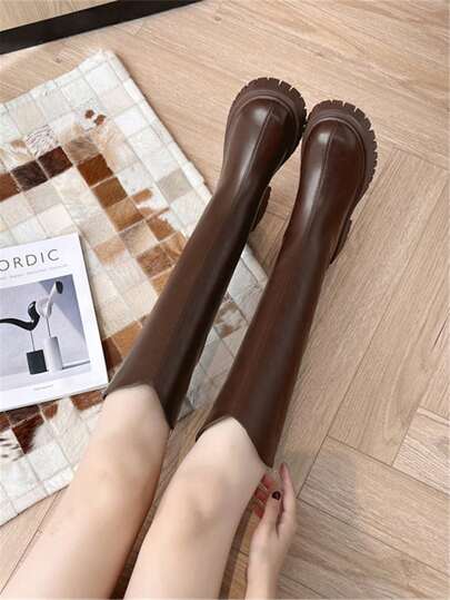 2025 Autumn/Winter New Brown Knee-High Boots For Women, Flat, Over-The-Knee, V-Cut, Plus Size, 43 High Shaft Riding Boots