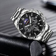 Đồng hồ đeo tay đa chức năng thời trang cao cấp dành cho nam có chức năng hiển thị ngày-ngày-tuần trăng, dây đeo bằng thép không gỉ chắc chắn, khóa bướm, phong cách thể thao - màu đen - Xem 4