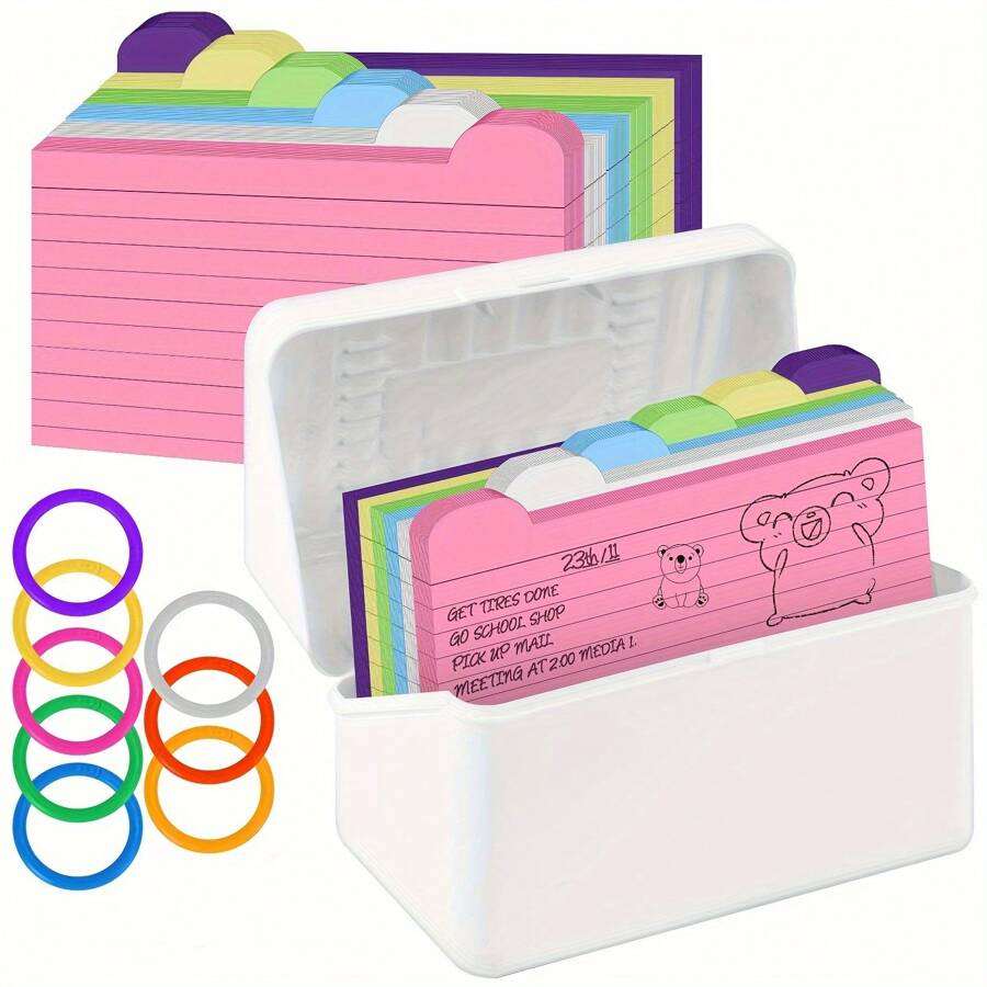 Index Card Holder Set, 3x5 Index Card Organizer, Plastic Index Card Box For Flash Cards, 150 Index Cards, 8Pcs Loose-Leaf Rings,1Plastic Box - as shown - View 1