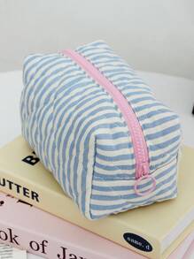 1pc Blue Striped Quilted Cosmetic Bag, Ditsy Floral Pattern Cosmetic Bag, Dual-Color Striped Cosmetic Bag, Minimalist Multi-Function Cosmetic Bag, Zipper Large Opening Portable Travel Bag. The Cosmetic Bag Can Store Cosmetics, Lipsticks, Sanitary Napkins, Makeup Brushes, Coins, Keys, Earphones, Earbuds, Earphone Cables And Other Accessories