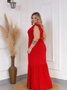 Plus Size Long Dress With V-Neckline And Draped Straps - 紅色 - 查看 3