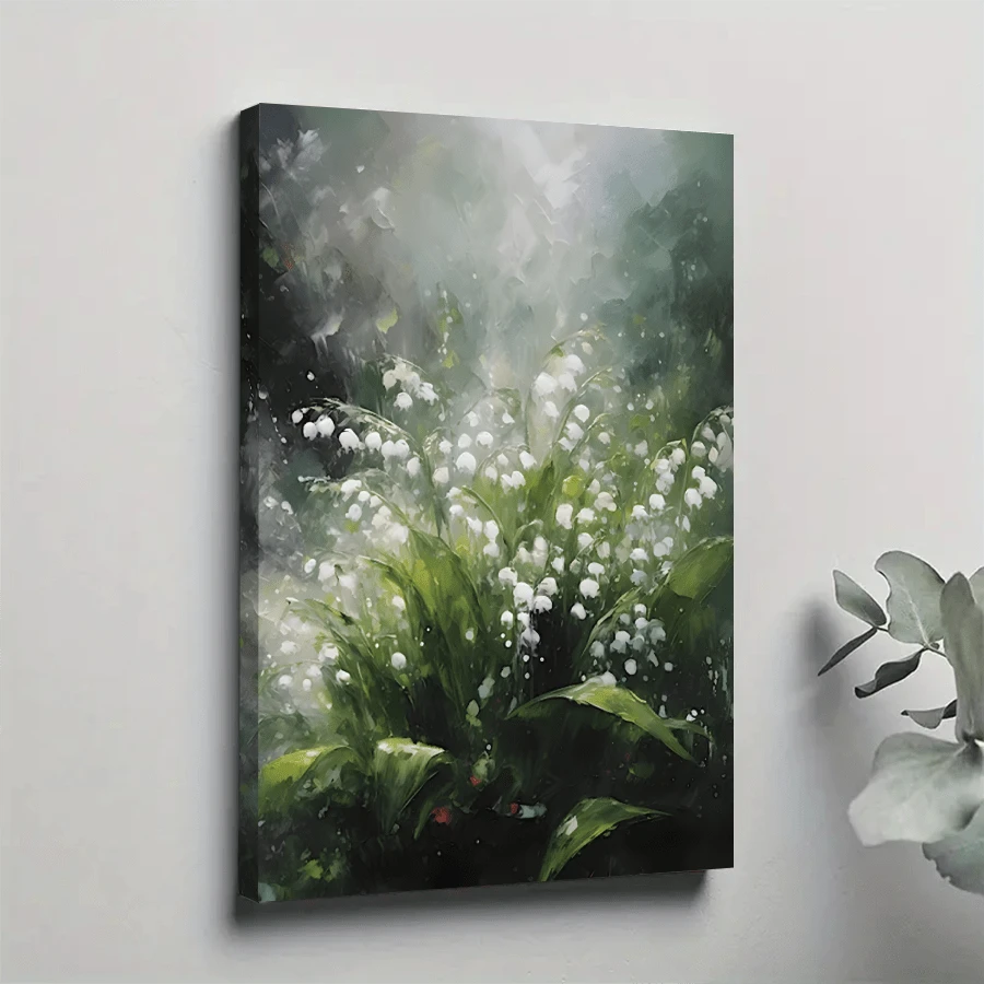 1Pc Framed Canvas Wall Art Poster Lily Of The Vally Wall Art Print Spring Flower Artwork  Country Art Print Woodland Flower Painting White Flower Poster - 黑色 - 查看 1