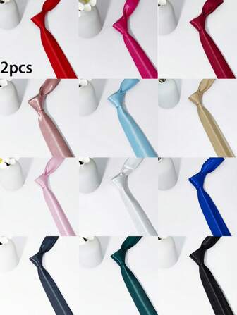 2pcs Men's 5cm Wide Multi-Color Handmade Neckties, Solid Color Casual Office Business Attire Accessories