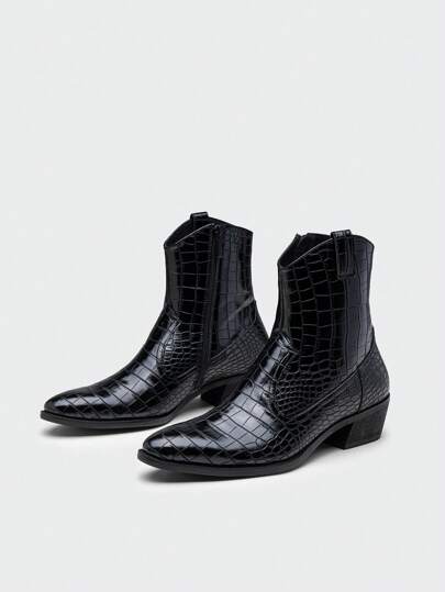 尖头高跟嬉皮靴，时尚青年靴，休闲潮流靴，尖头鳄鱼纹高跟靴，秋冬新款尖头高跟靴，男士5cm侧拉链高跟踝靴，正式高跟派对靴，朋克潮流时尚男士高跟靴