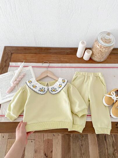 2 件装女婴甜美刺绣领长袖连帽衫套装，秋季（略大）