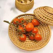 1pc 5.9/11 Inch Rattan Woven Hollow Snack Basket,  Round Storage Bowl, Home Decor Fruit Plate
