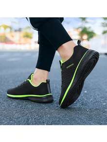 Autumn Teenager Campus Sports Shoes, Men's Fashion Casual Sports Shoes, Men's Breathable Mesh Colored Striped Lace-Up Rounded Toe Fitness Sneakers, Men's Breathable Lightweight Non-Slip Sports Shoes In Summer, 2024 New Fashion Versatile Casual Shoes With Odor-Resistant Mesh - 綠色 - 查看 6