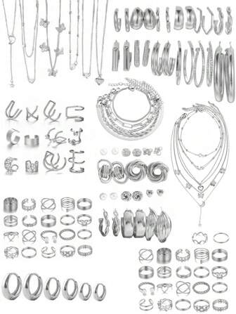 68/58/35pcs Vintage  Elegant And Sophisticated Faux Pearl, Bowknot, Stars, Moon, Rhinestone, Wide Copper Hoop, Snake Bone Chain, Twist Chain, Geometric Wide C-Shape Earrings, Earrings Clip, Necklace, Bracelet Jewelry Set For Holiday, Party, Date