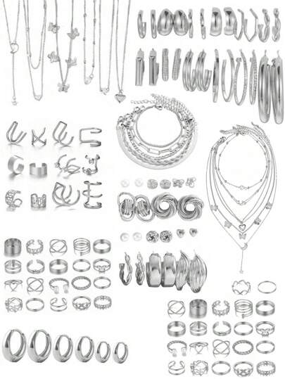 68/58/35pcs Vintage  Elegant And Sophisticated Faux Pearl, Bowknot, Stars, Moon, Rhinestone, Wide Copper Hoop, Snake Bone Chain, Twist Chain, Geometric Wide C-Shape Earrings, Earrings Clip, Necklace, Bracelet Jewelry Set For Holiday, Party, Date