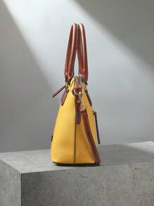 Refined Top Handle Zipper Satchel, Fashion-Forward Womens Textured PU Leather Bag For Everyday Style,Timeless Vintage Western Handbag - Eye-Catching Colorblock Design - Màu vàng - Xem 4