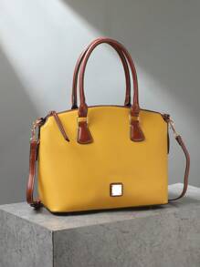 Refined Top Handle Zipper Satchel, Fashion-Forward Womens Textured PU Leather Bag For Everyday Style,Timeless Vintage Western Handbag - Eye-Catching Colorblock Design - Màu vàng - Xem 2