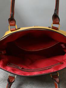 Refined Top Handle Zipper Satchel, Fashion-Forward Womens Textured PU Leather Bag For Everyday Style,Timeless Vintage Western Handbag - Eye-Catching Colorblock Design - Màu vàng - Xem 6