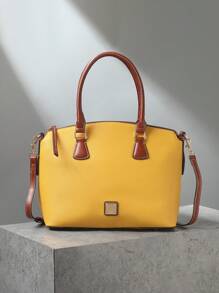 Refined Top Handle Zipper Satchel, Fashion-Forward Womens Textured PU Leather Bag For Everyday Style,Timeless Vintage Western Handbag - Eye-Catching Colorblock Design - Màu vàng - Xem 1